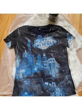 Passion Black and Blue Artistic Blouse with Las Vegas Skyline Design  XL